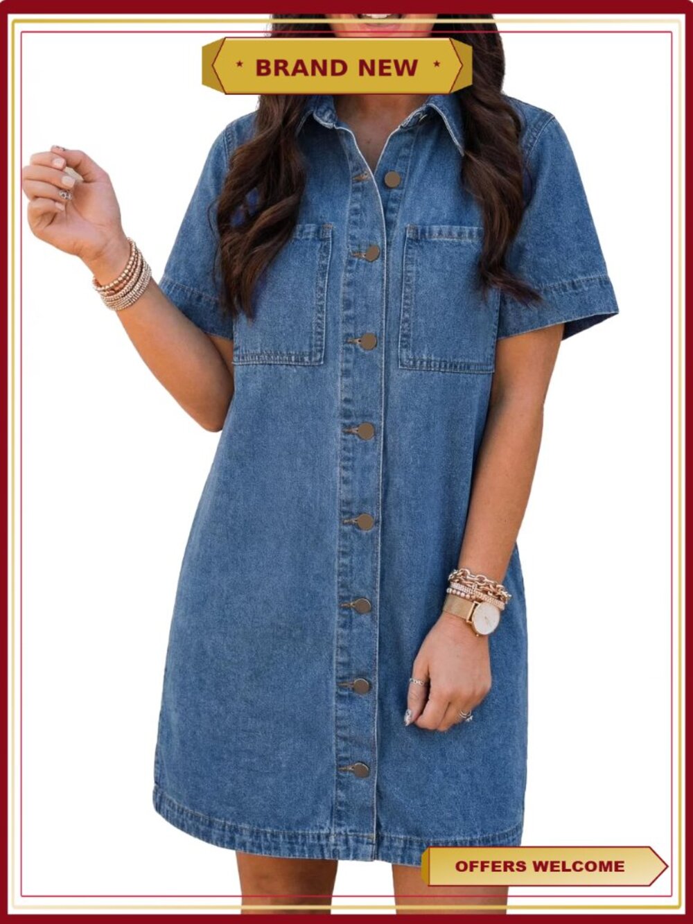 Chambray Button Down Denim Babydoll Mini Dress Short Sleeve Casual Summer